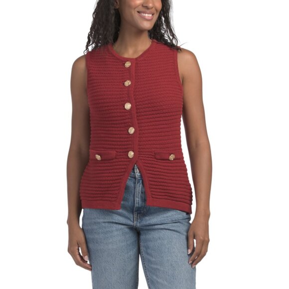 GEMMA+ JANE Sangria Chunky Gold Button Sweater Vest - Picture 1 of 2
